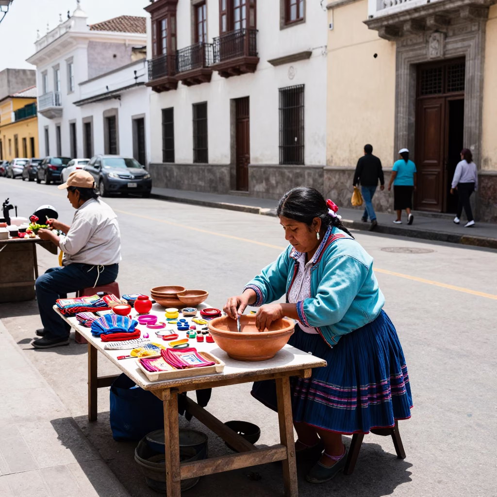 Street Scene in Lima at Bright Midmorning Light in in Lima, Peru