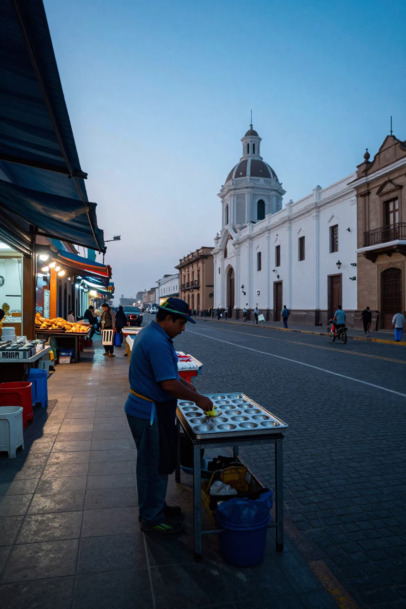 Street Scene in Lima at Nautical Dawn Light in in Lima, Peru