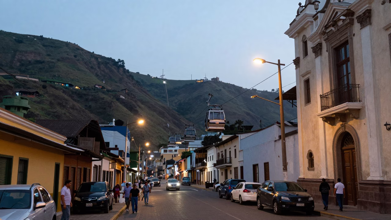 Street Scene in Lima at Nautical Dawn Light in in Lima, Peru