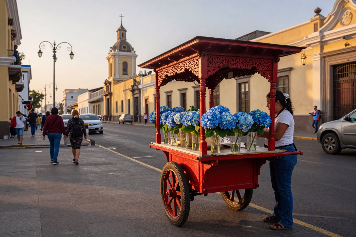 Street Scene in Lima at Sunset Light in in Lima, Peru