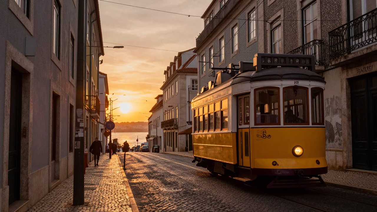 Street Scene in Lisbon at As The Sun Drops Toward The Horizon in in Lisbon, Portugal