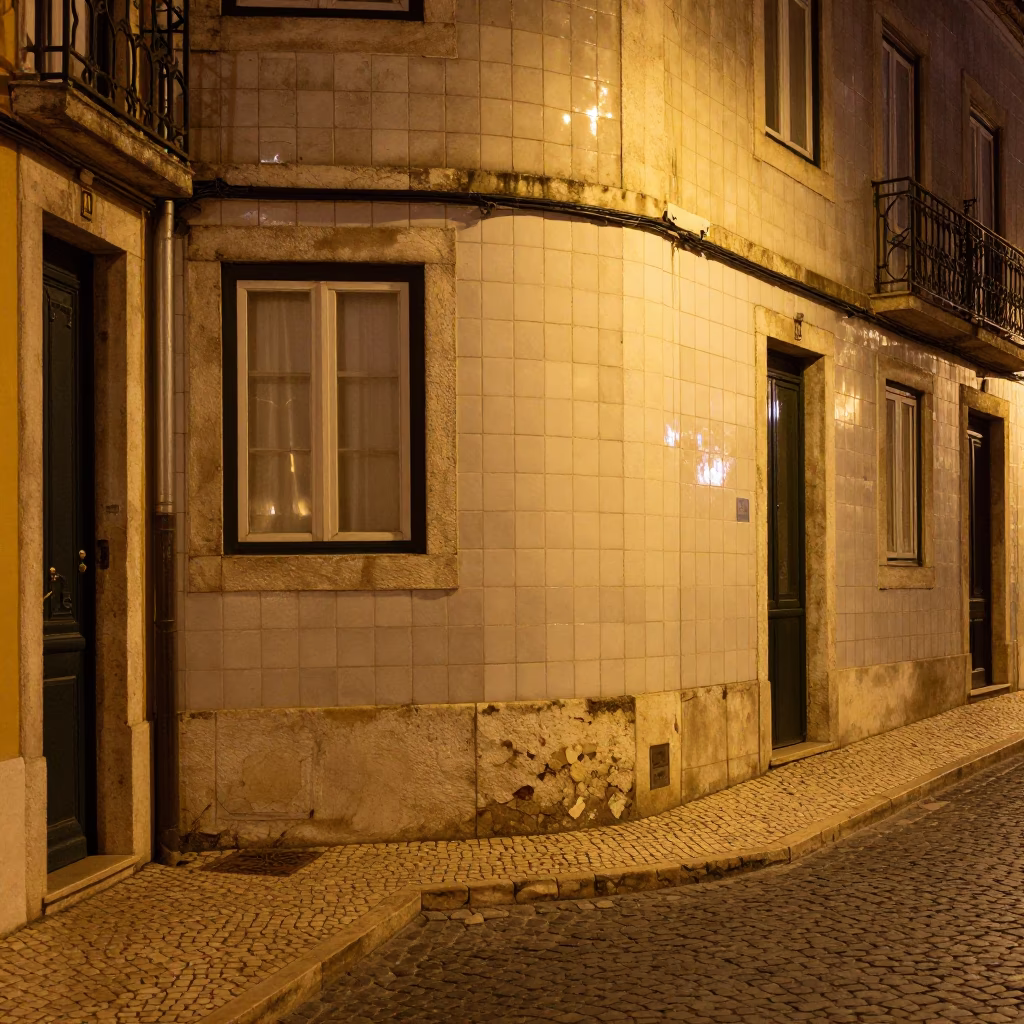 Street Scene in Lisbon at Deep In The Night Light in in Lisbon, Portugal
