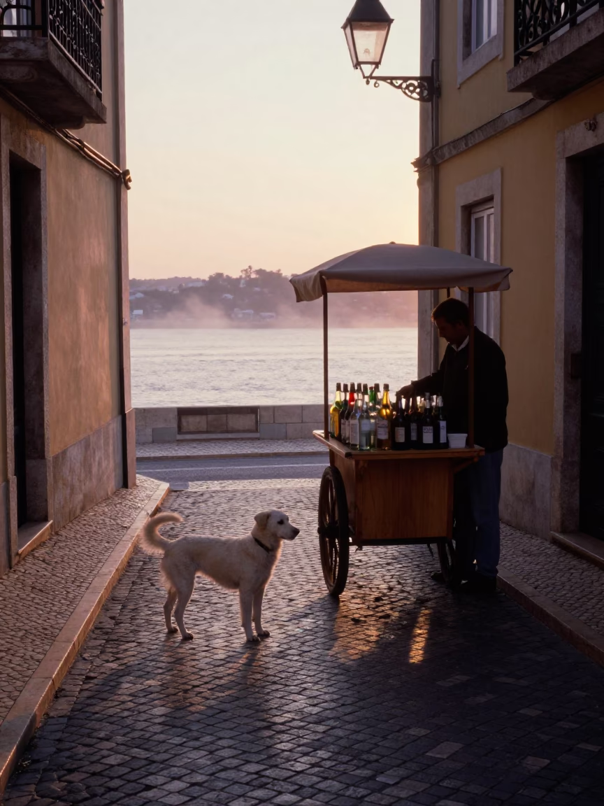 Street Scene in Lisbon at Nautical Dawn Light in in Lisbon, Portugal