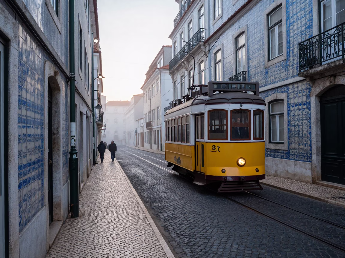 Street Scene in Lisbon at Sunrise Light in in Lisbon, Portugal