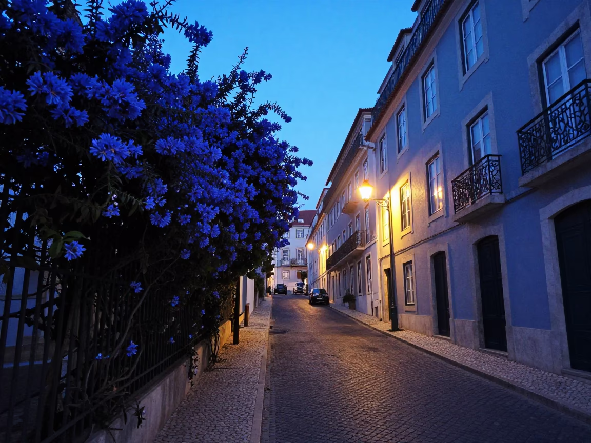 Street Scene in Lisbon at The Last Blue Light Of Evening in in Lisbon, Portugal