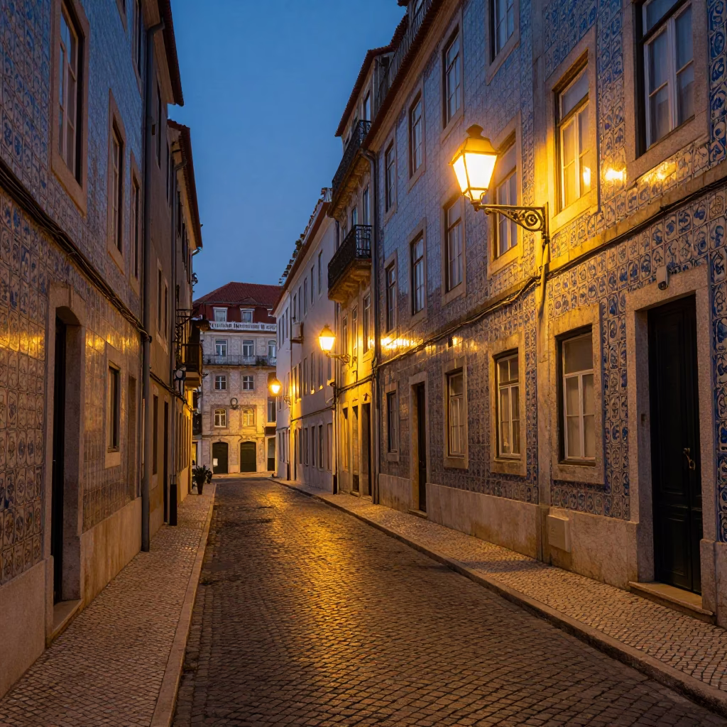 Street Scene in Lisbon at The Still Hours Before Dawn Light in in Lisbon, Portugal