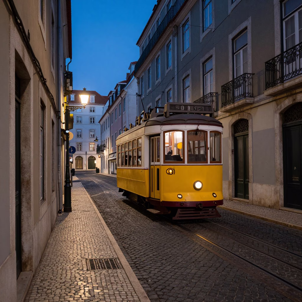 Street Scene in Lisbon at The Still Hours Before Dawn Light in in Lisbon, Portugal