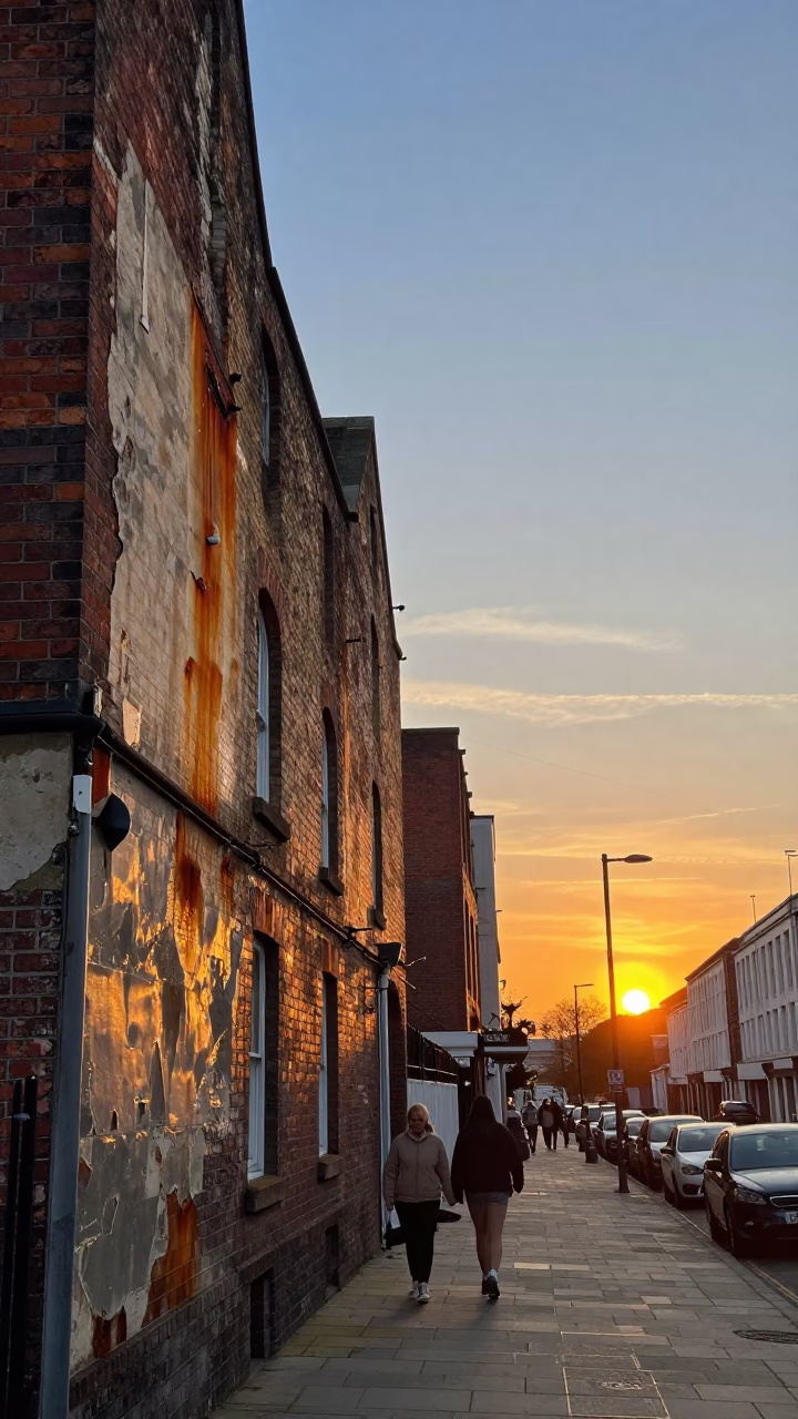 Street Scene in Liverpool at As The Sun Drops Toward The Horizon in in Liverpool, United Kingdom