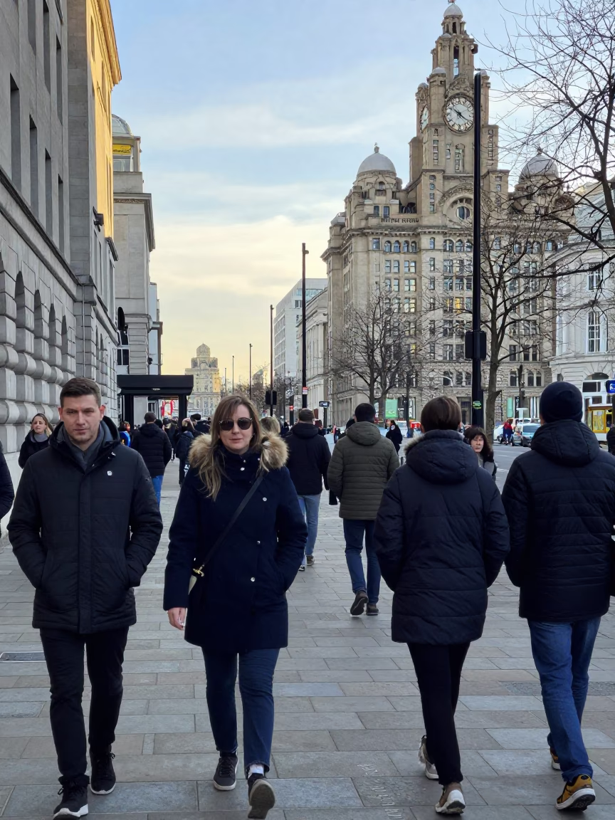 Street Scene in Liverpool at Noon Light in in Liverpool, United Kingdom