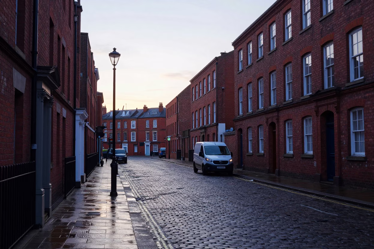 Street Scene in Liverpool at Sunrise Light in in Liverpool, United Kingdom