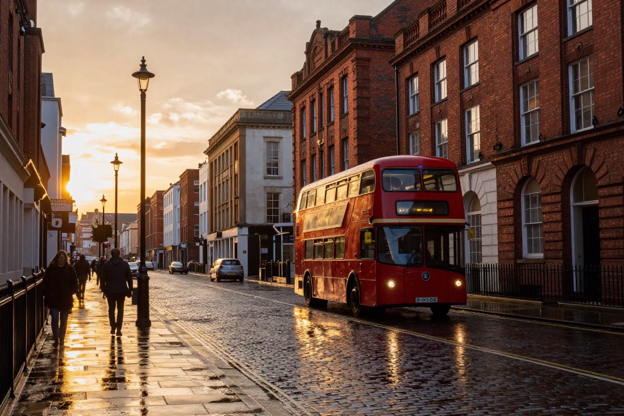 Street Scene in Liverpool at Sunset Light in in Liverpool, United Kingdom