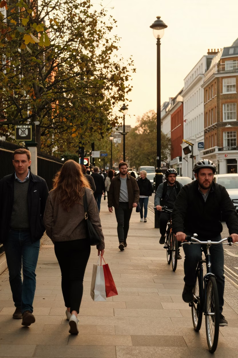 Street Scene in London at Honeyed Evening Light in in London, United Kingdom