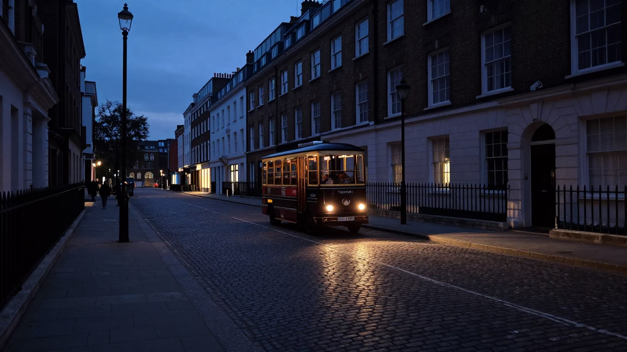 Street Scene in London at The Predawn Darkness Light in in London, United Kingdom