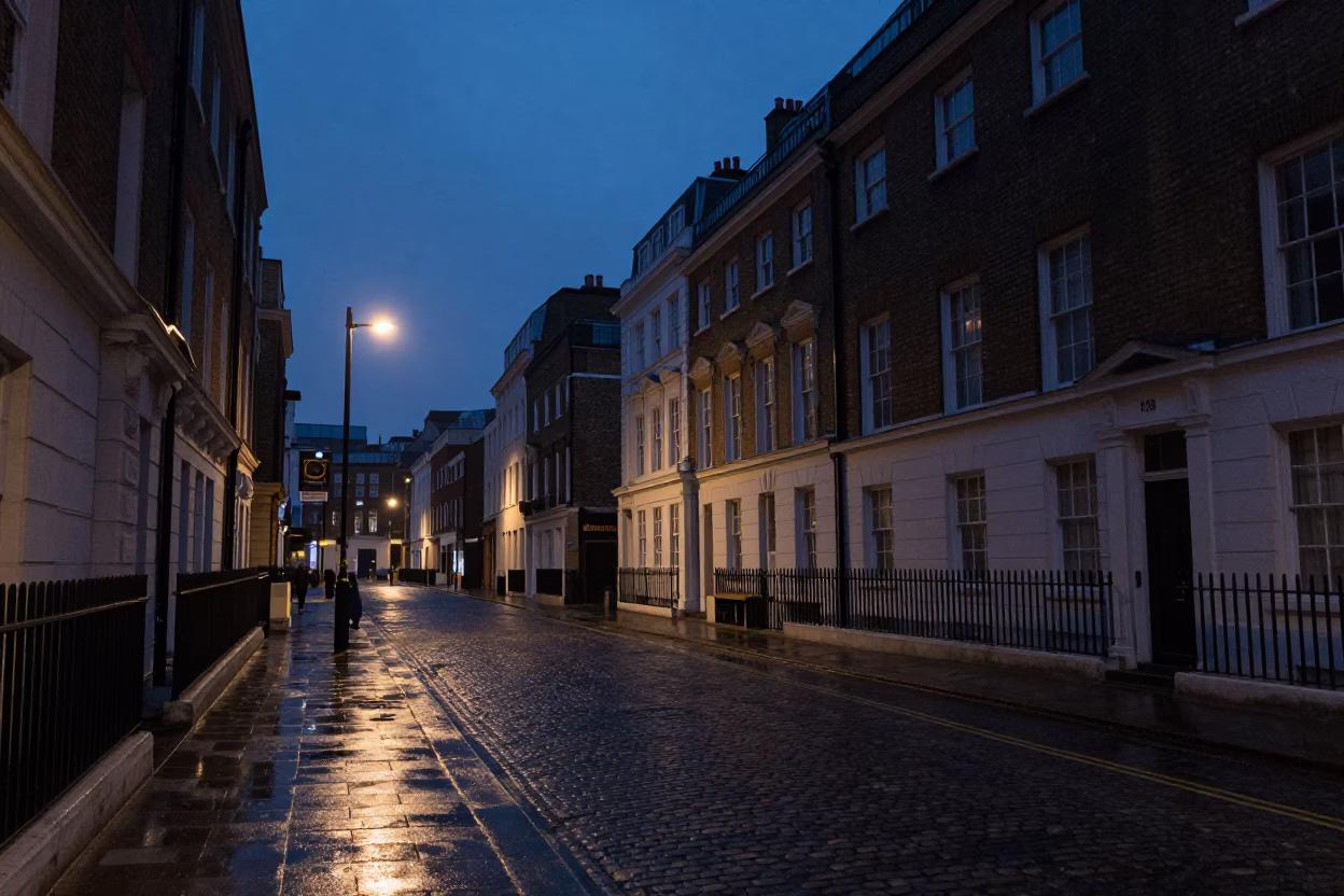 Street Scene in London at The Still Hours Before Dawn Light in in London, United Kingdom