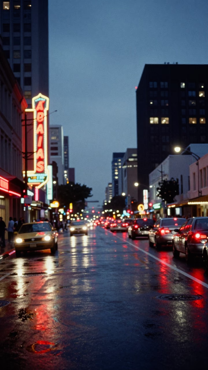 Street Scene in Los Angeles at As City Lights Begin To Glow in in Los Angeles, California, United States
