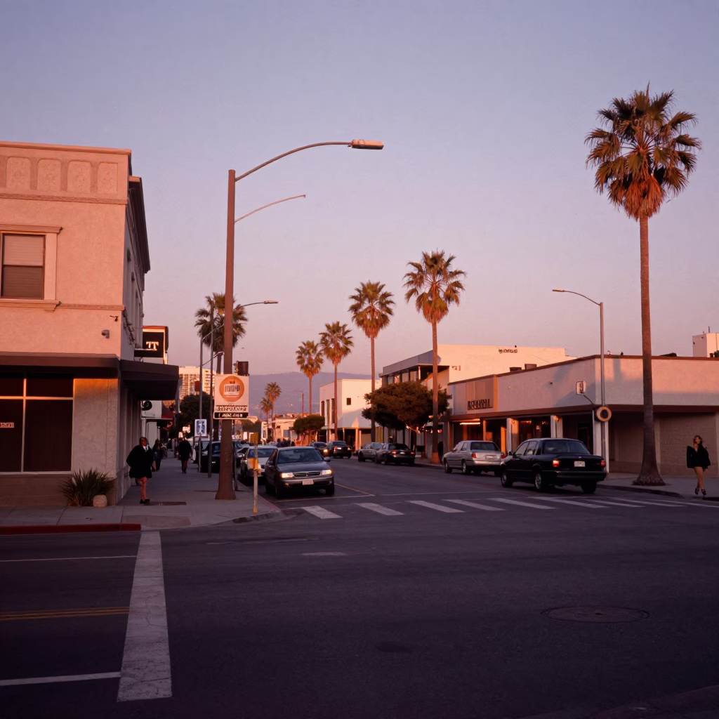 Street Scene in Los Angeles at Copper-toned Light Before Dusk in in Los Angeles, California, United States