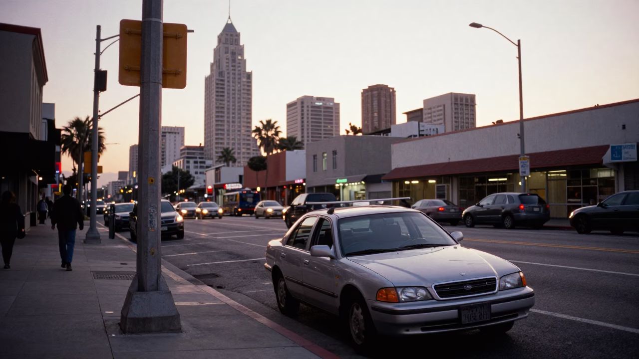 Street Scene in Los Angeles at First Light Of Dawn in in Los Angeles, California, United States