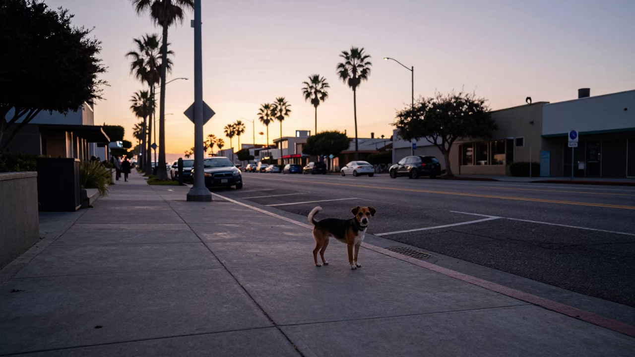 Street Scene in Los Angeles at Nautical Dawn Light in in Los Angeles, California, United States