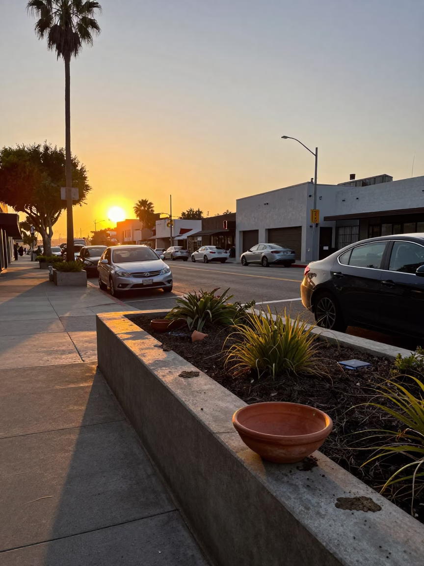 Street Scene in Los Angeles at Sunset Light in in Los Angeles, California, United States