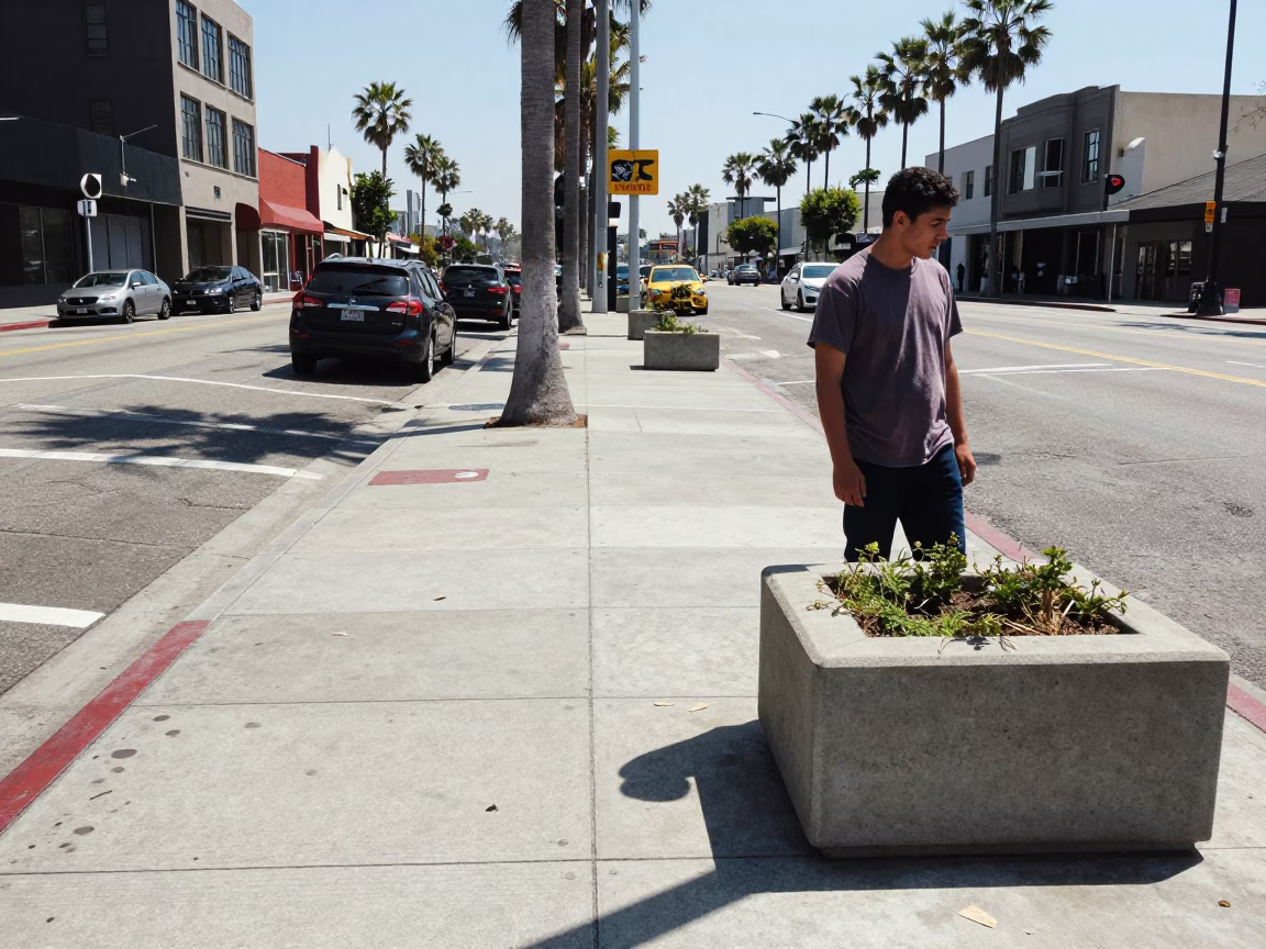 Street Scene in Los Angeles at The Flat Glare Of Noon Light in in Los Angeles, California, United States