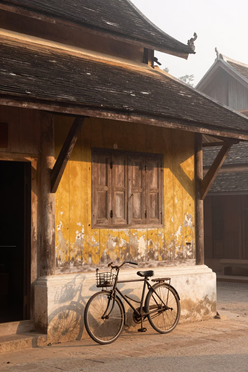 Street Scene in Luang Prabang at As First Light Reaches The Scene in in Luang Prabang, Laos