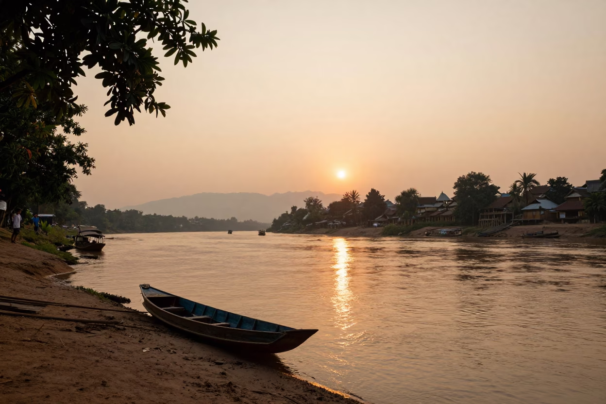 Street Scene in Luang Prabang at As The Sun Drops Toward The Horizon in in Luang Prabang, Laos