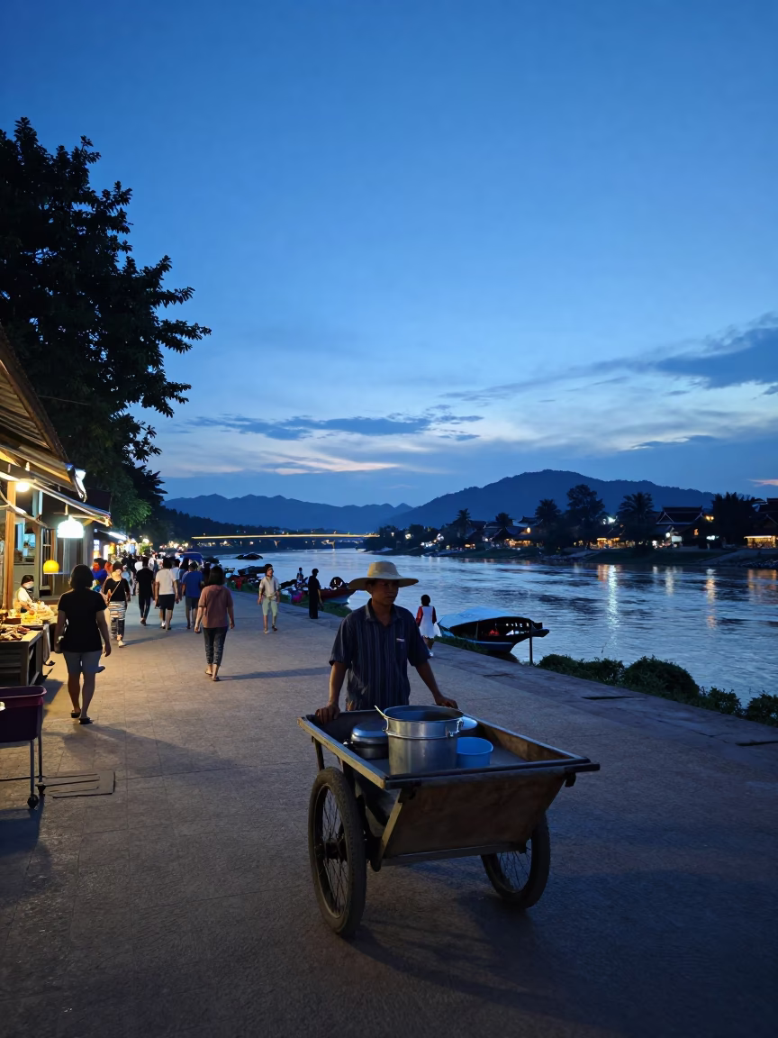 Street Scene in Luang Prabang at Blue Hour in in Luang Prabang, Laos