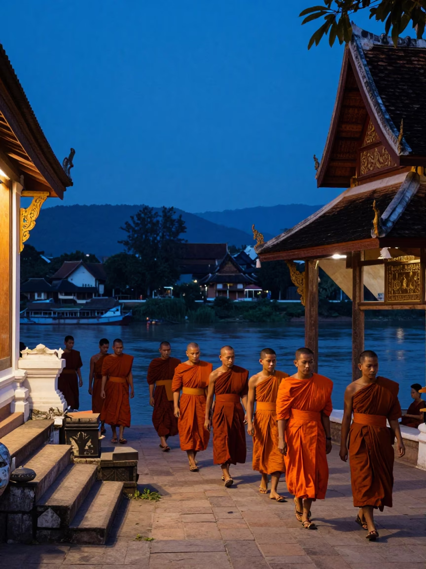 Street Scene in Luang Prabang at Blue Hour in in Luang Prabang, Laos