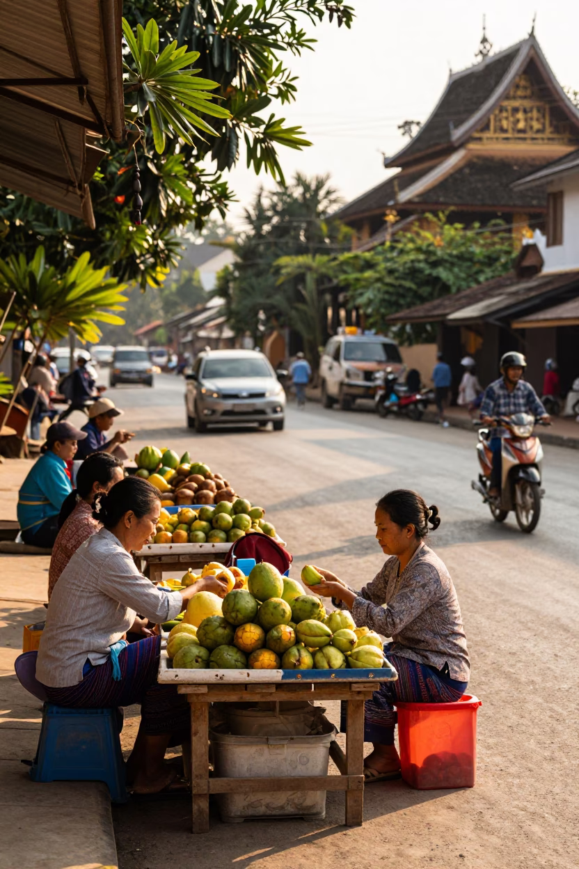 Street Scene in Luang Prabang at Clear Late-afternoon Light in in Luang Prabang, Laos