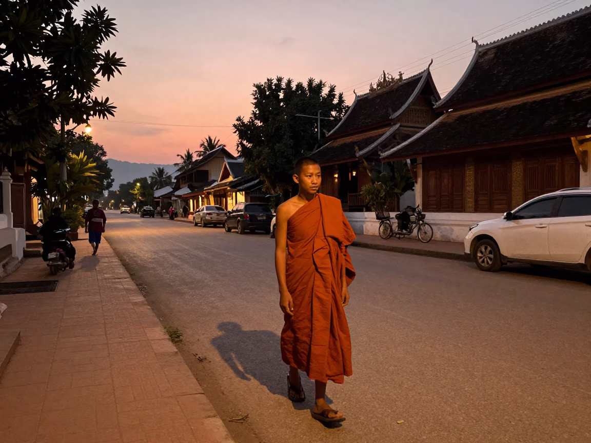 Street Scene in Luang Prabang at Copper-toned Light Before Dusk in in Luang Prabang, Laos