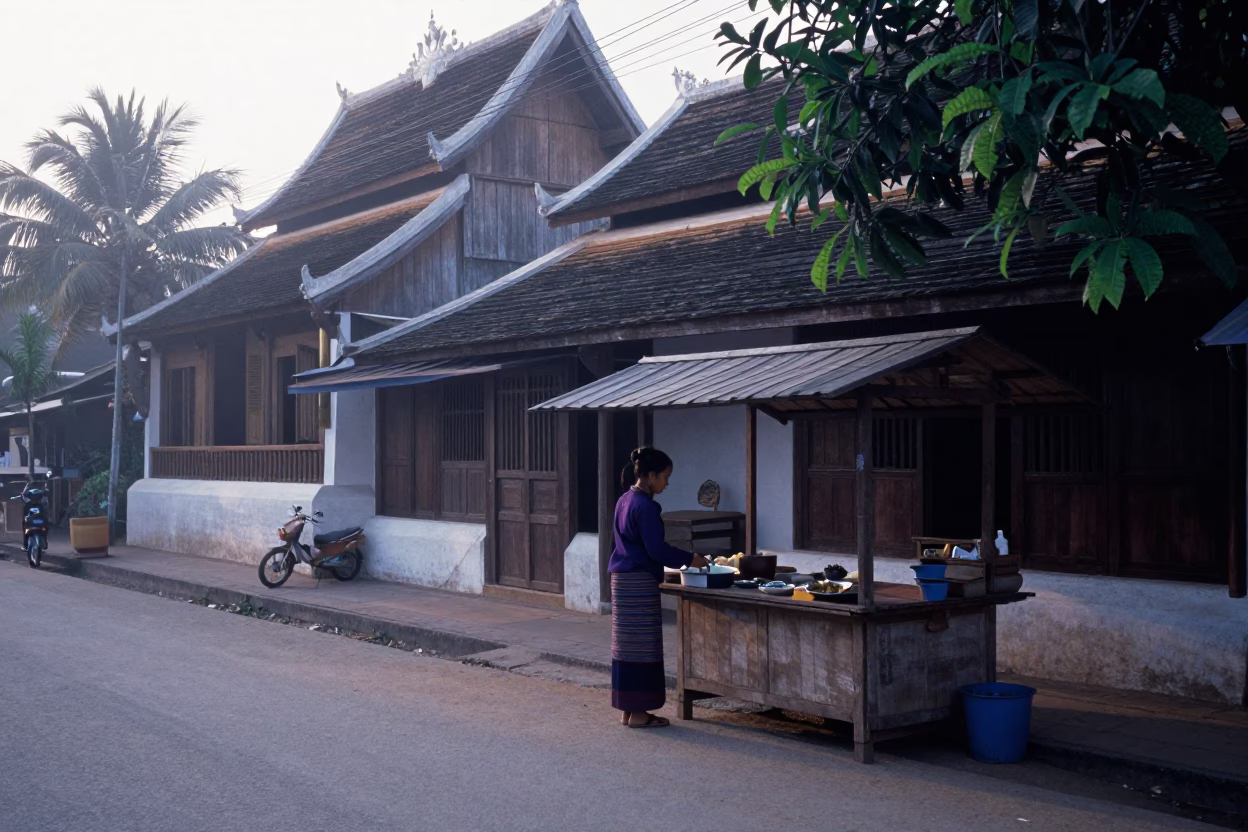 Street Scene in Luang Prabang at Early Morning Light in in Luang Prabang, Laos
