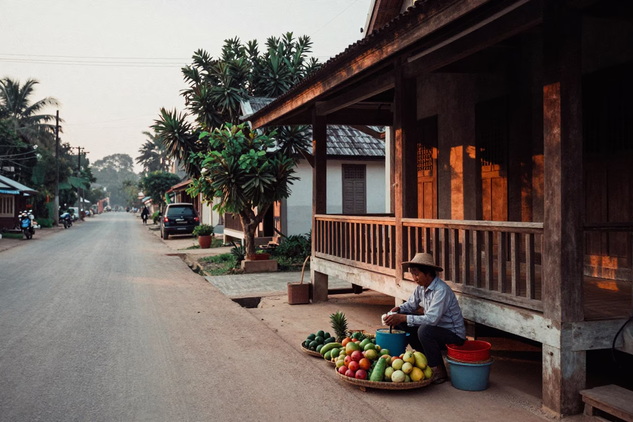 Street Scene in Luang Prabang at First Light Of Dawn in in Luang Prabang, Laos