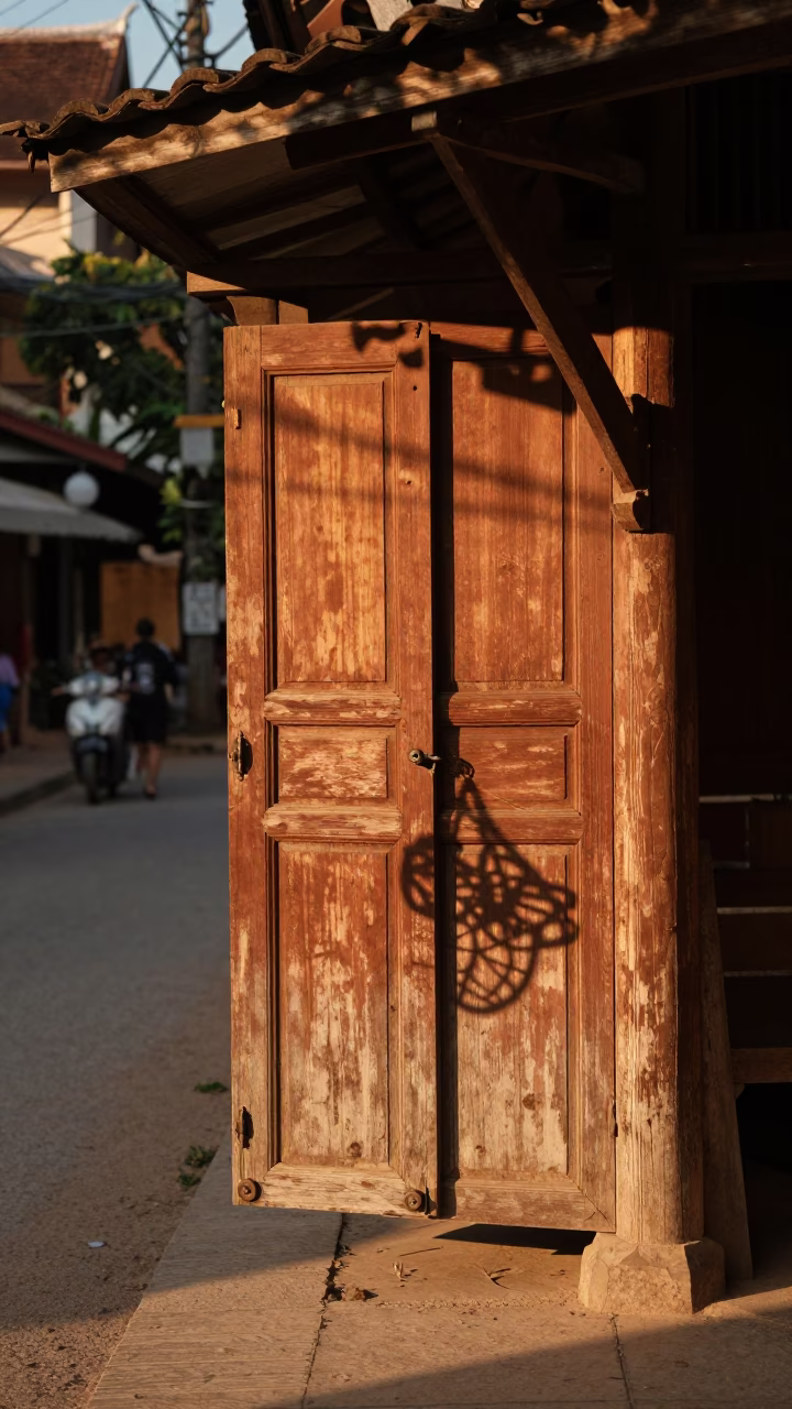 Street Scene in Luang Prabang at Honeyed Evening Light in in Luang Prabang, Laos