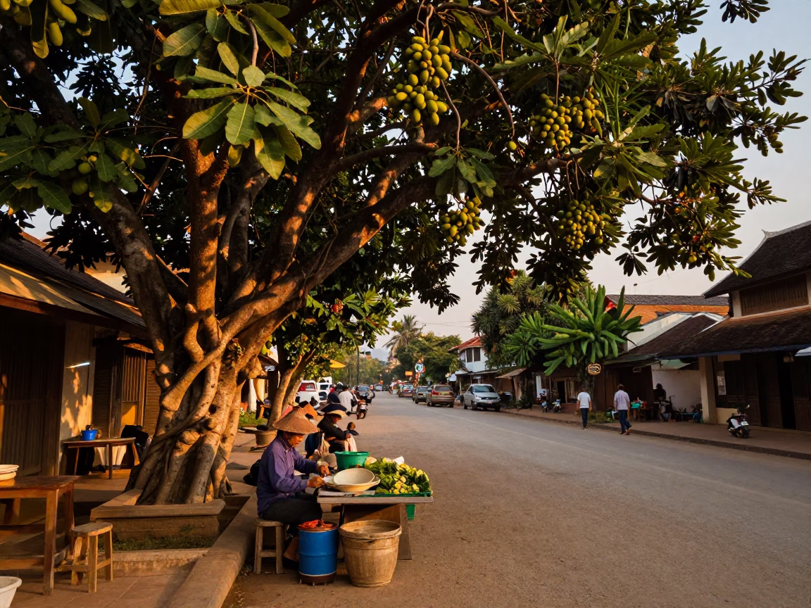 Street Scene in Luang Prabang at Honeyed Evening Light in in Luang Prabang, Laos