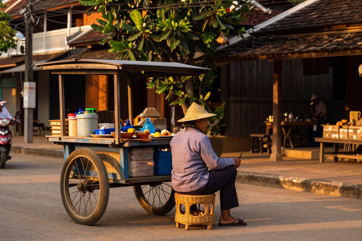 Street Scene in Luang Prabang at Honeyed Evening Light in in Luang Prabang, Laos