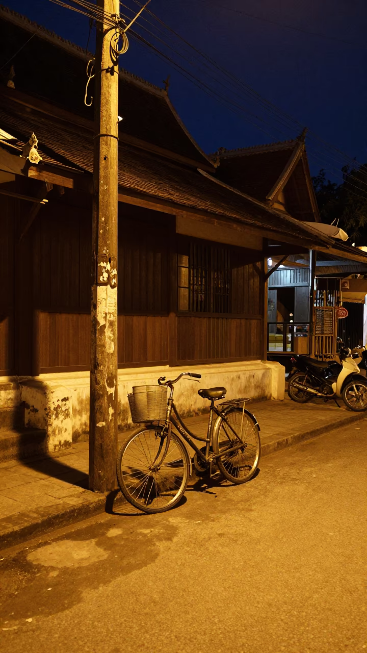 Street Scene in Luang Prabang at Late At Night Light in in Luang Prabang, Laos