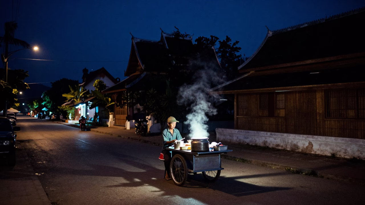 Street Scene in Luang Prabang at Midnight Light in in Luang Prabang, Laos