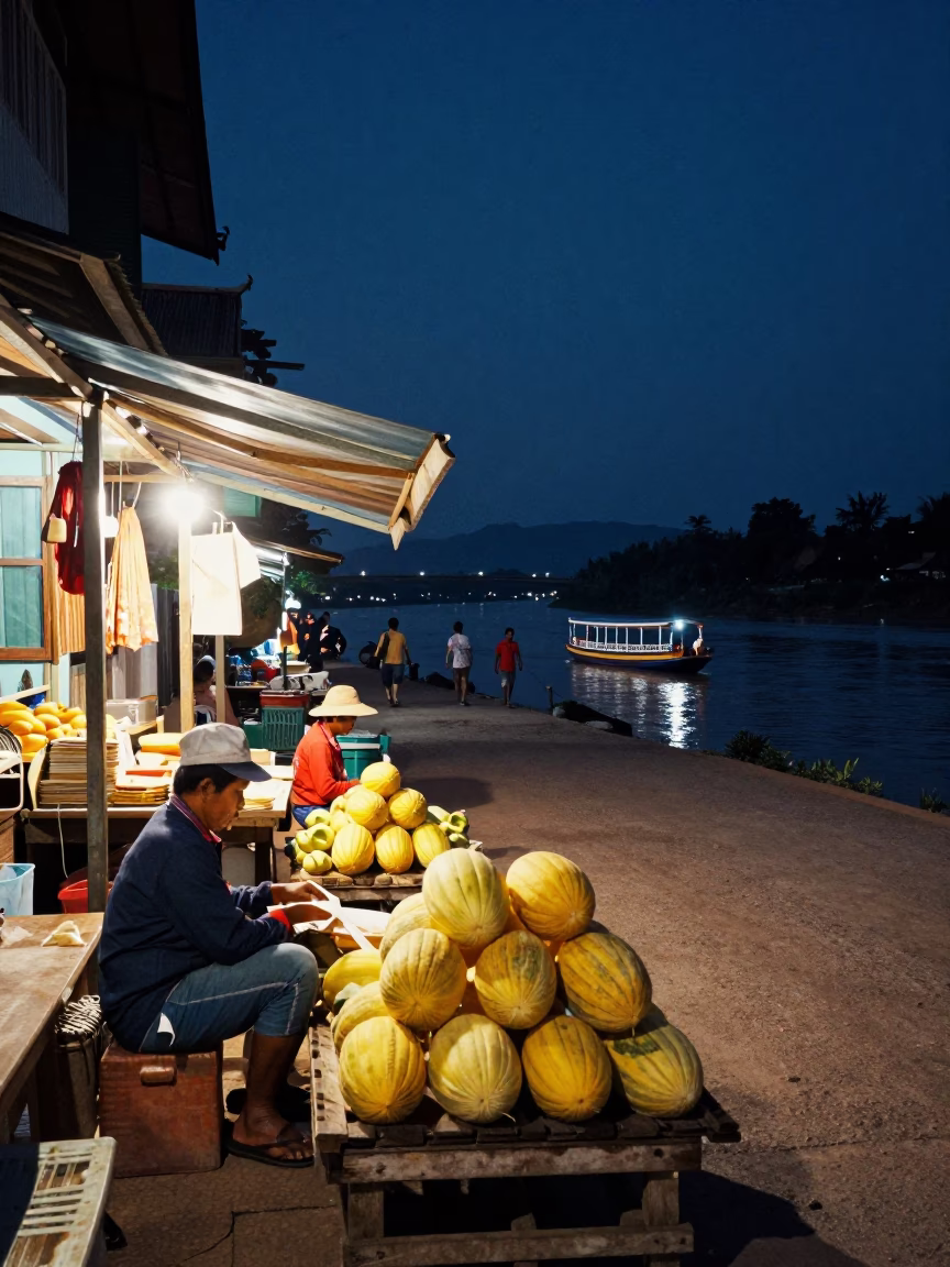 Street Scene in Luang Prabang at Midnight Light in in Luang Prabang, Laos