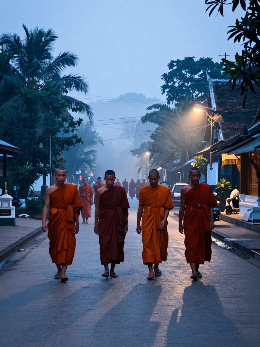 Street Scene in Luang Prabang at Nautical Dawn Light in in Luang Prabang, Laos