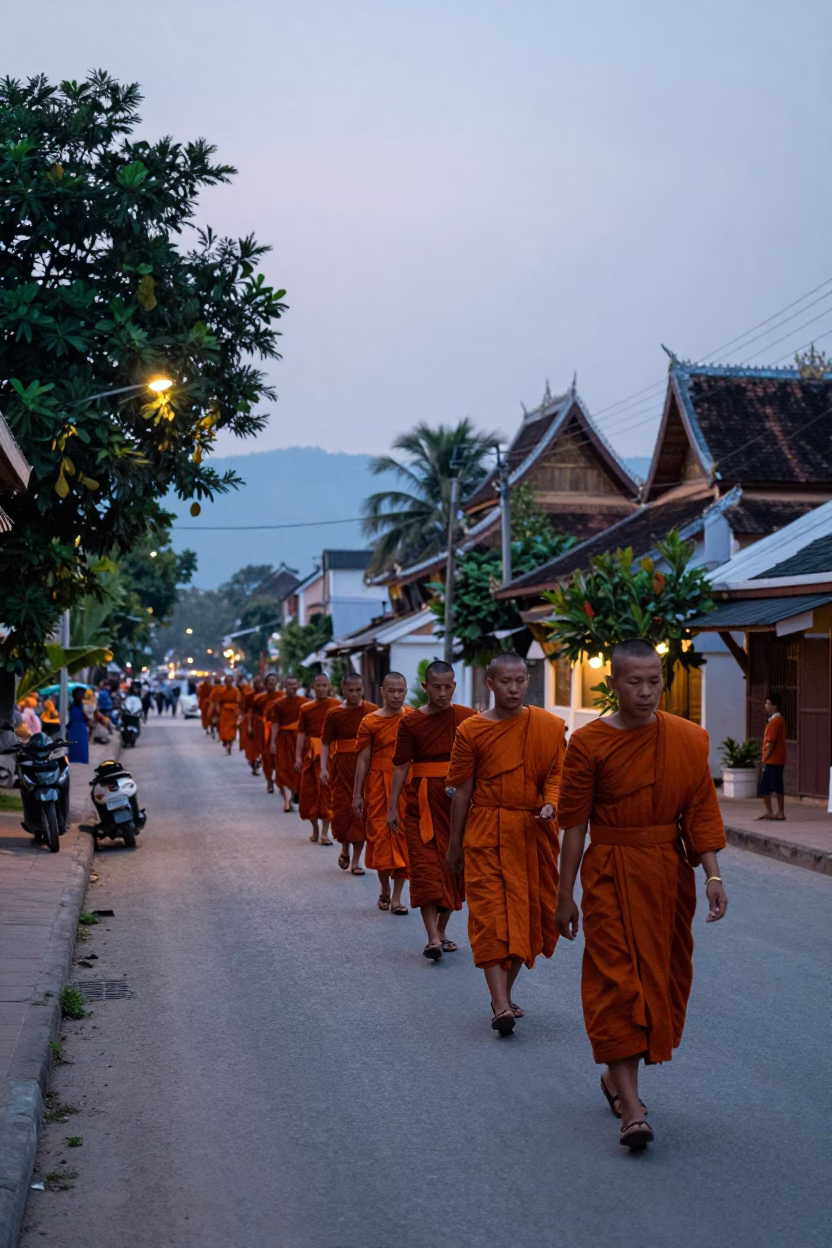 Street Scene in Luang Prabang at Nautical Dawn Light in in Luang Prabang, Laos
