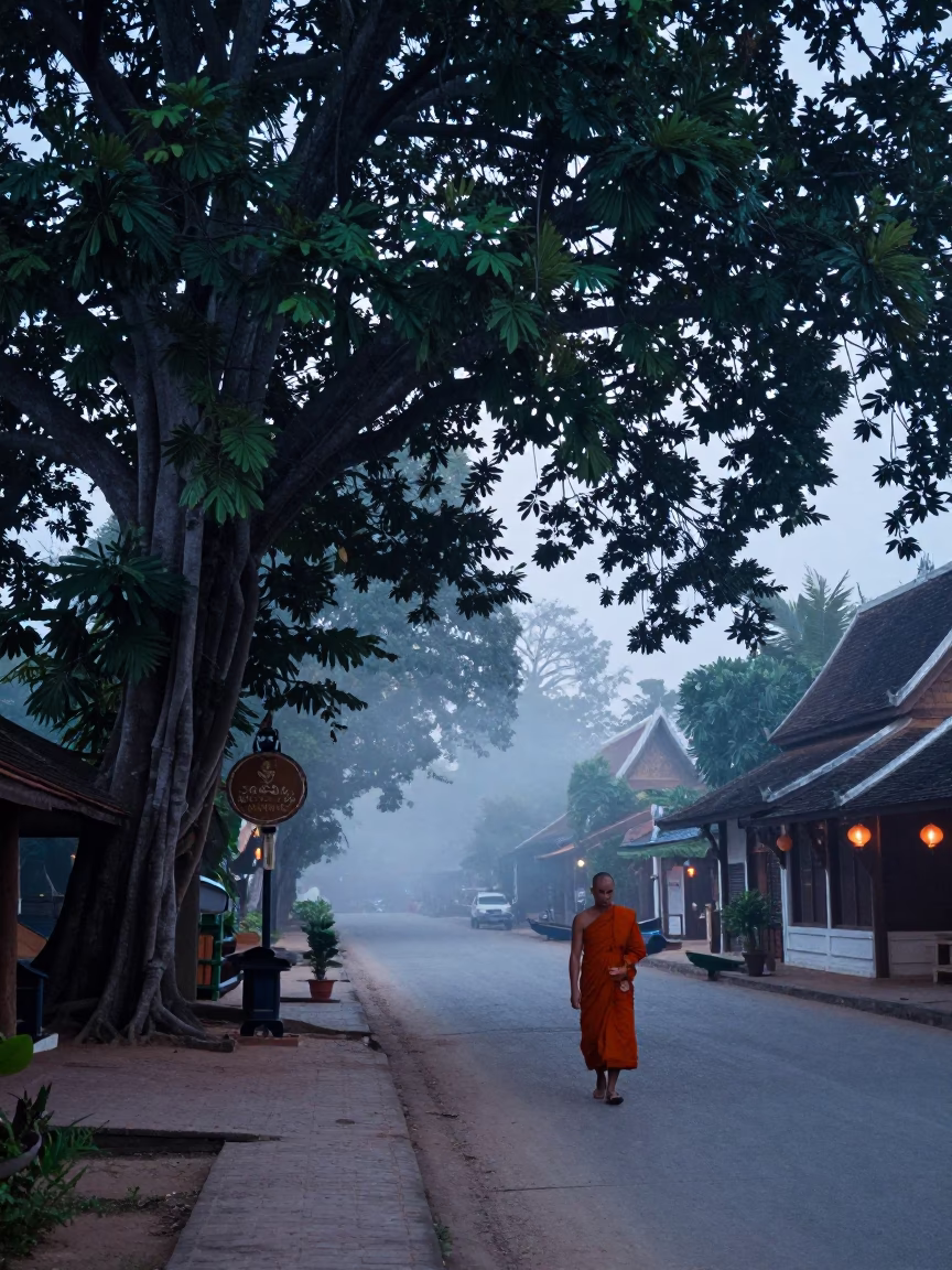 Street Scene in Luang Prabang at Nautical Dawn Light in in Luang Prabang, Laos