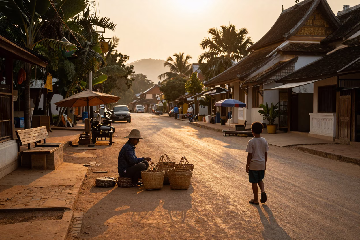 Street Scene in Luang Prabang at Sunset Light in in Luang Prabang, Laos