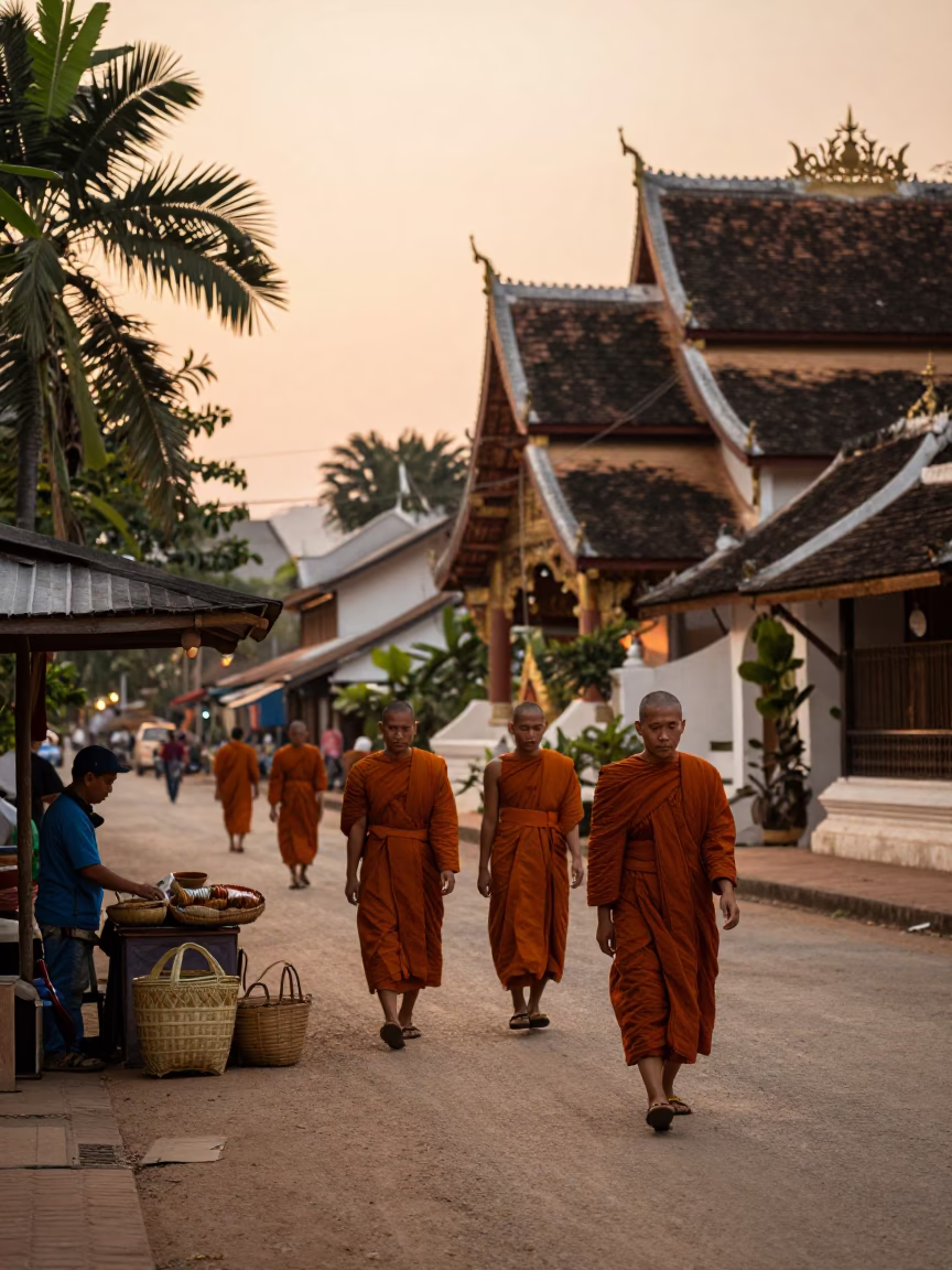 Street Scene in Luang Prabang at Sunset Light in in Luang Prabang, Laos