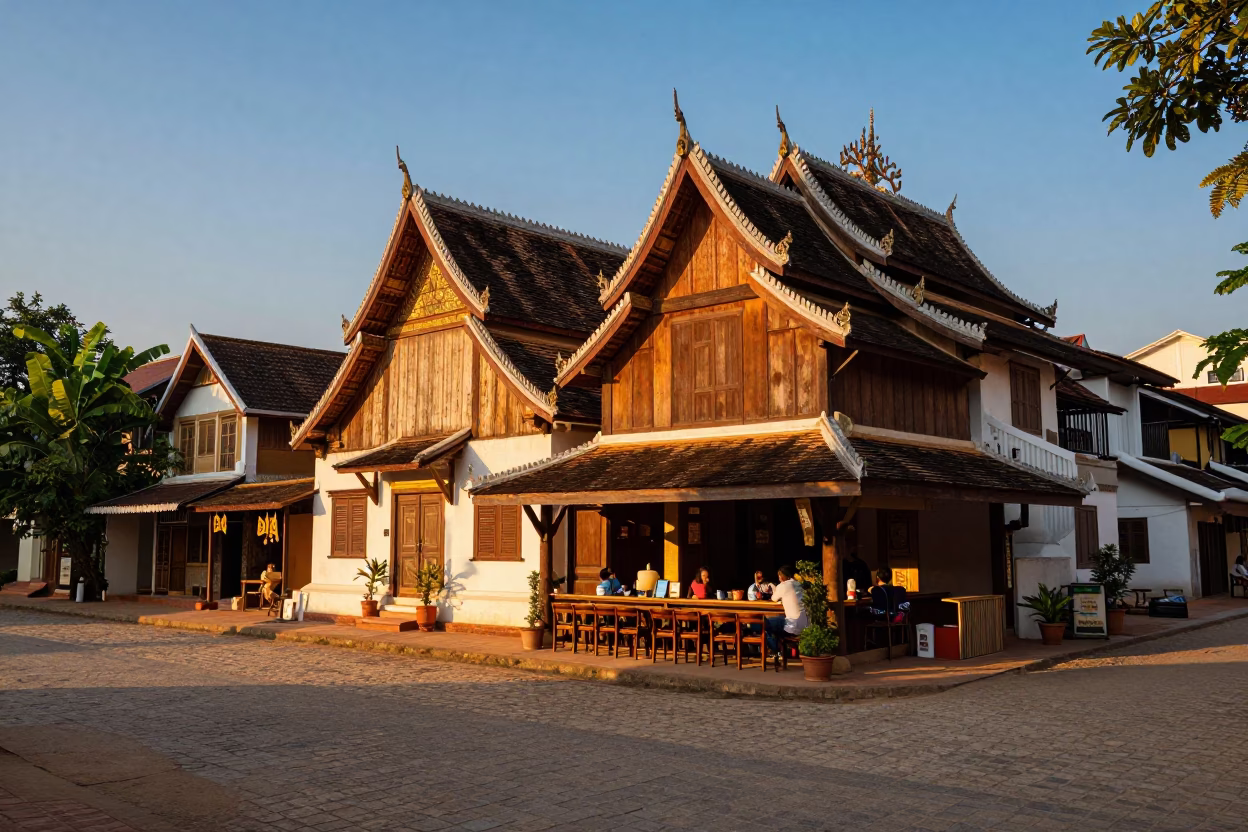 Street Scene in Luang Prabang at Sunset Light in in Luang Prabang, Laos