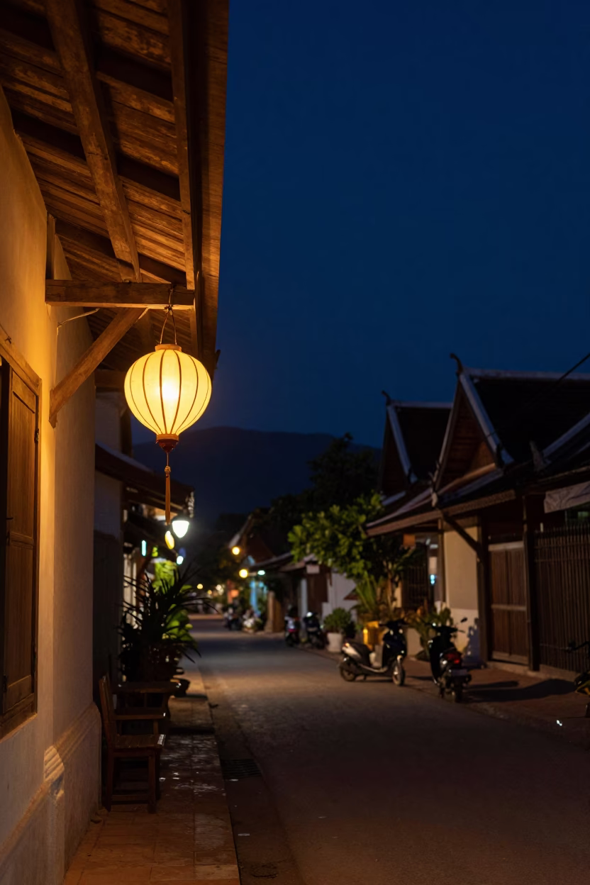 Street Scene in Luang Prabang at The Deepest Night Sky Light in in Luang Prabang, Laos