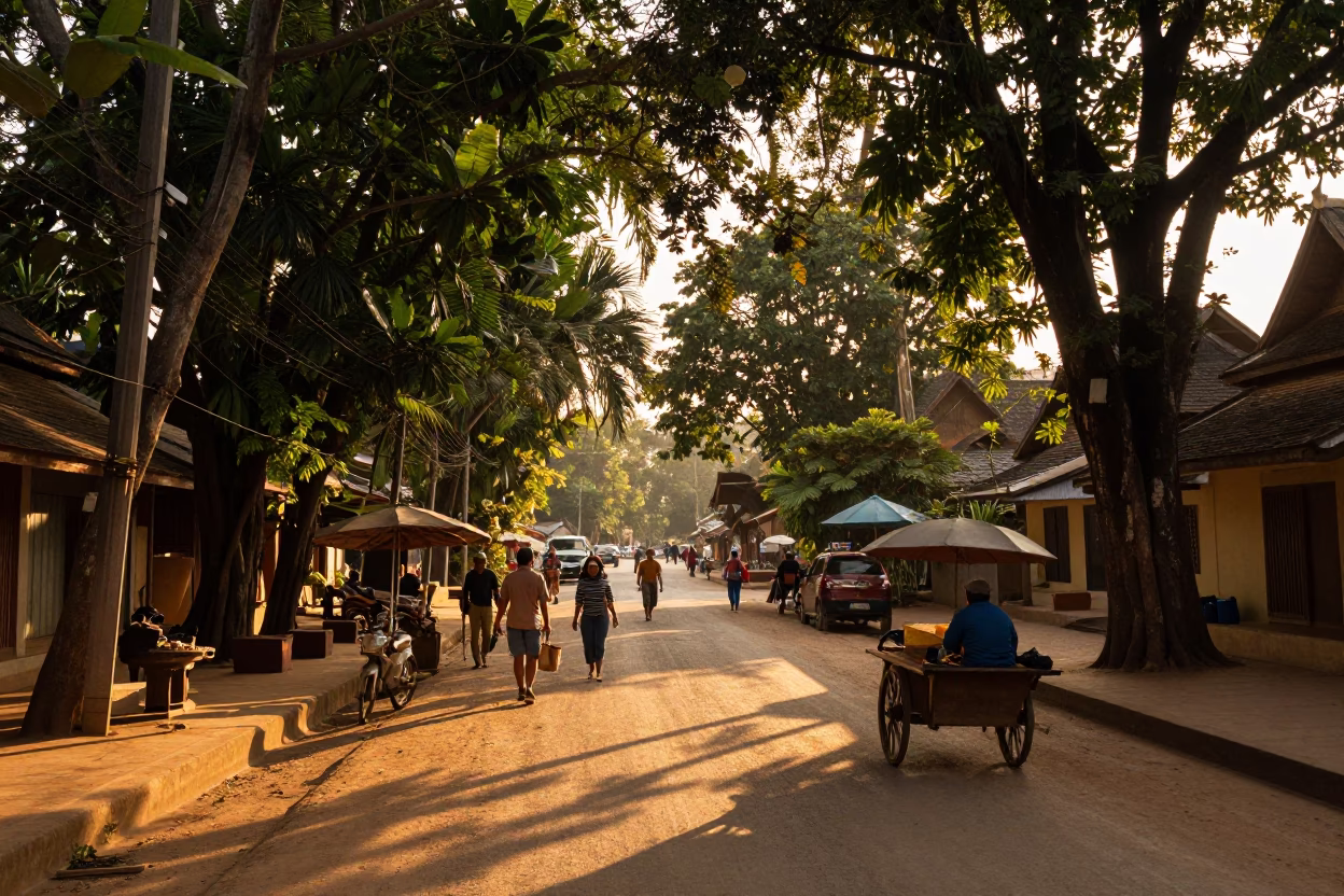 Street Scene in Luang Prabang at The Early Evening Light in in Luang Prabang, Laos