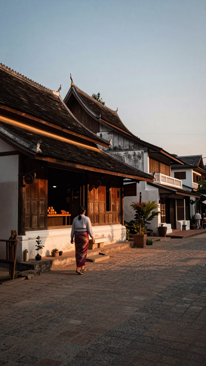 Street Scene in Luang Prabang at The Early Evening Light in in Luang Prabang, Laos