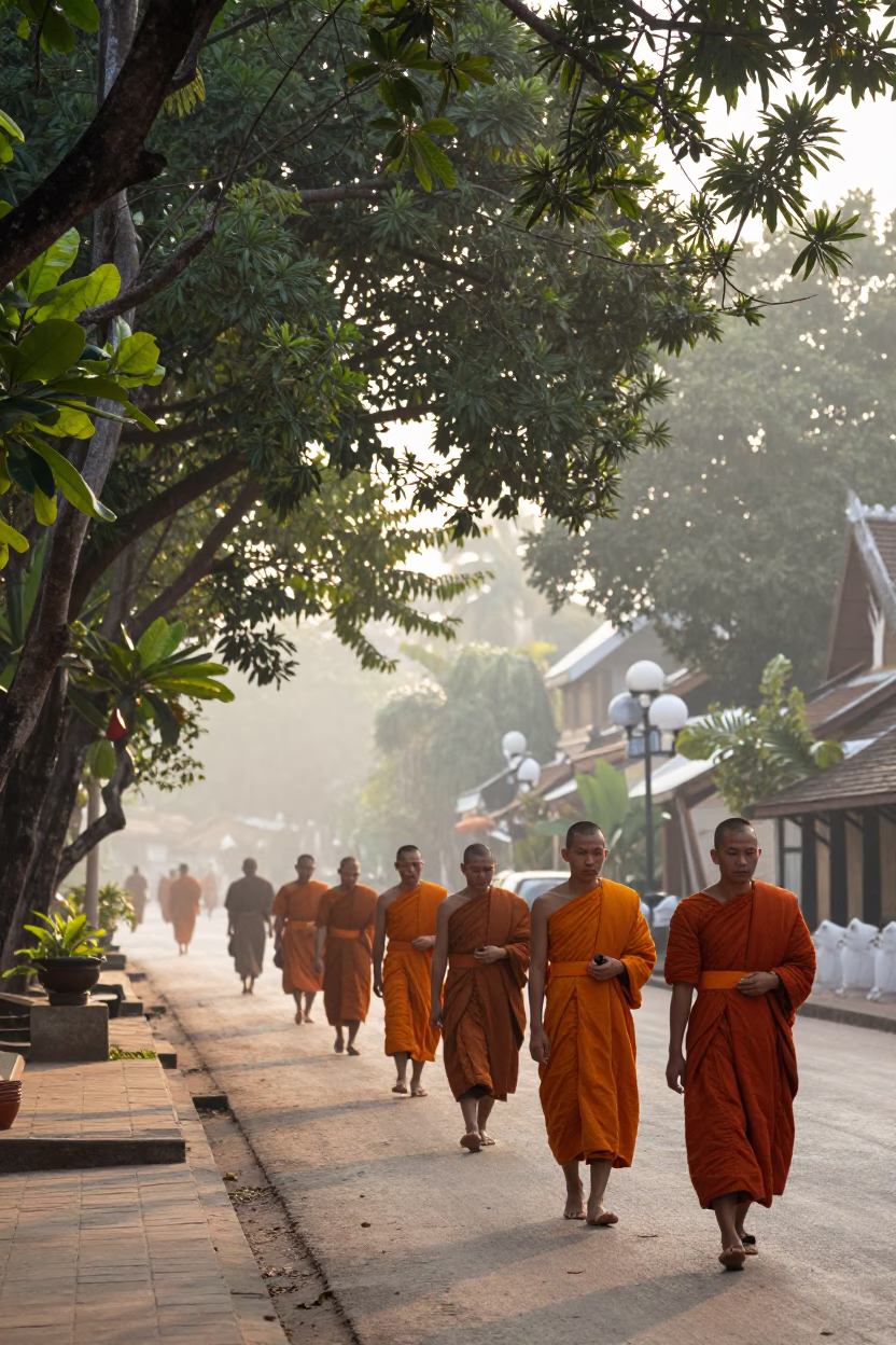 Street Scene in Luang Prabang at The Early Morning Light in in Luang Prabang, Laos