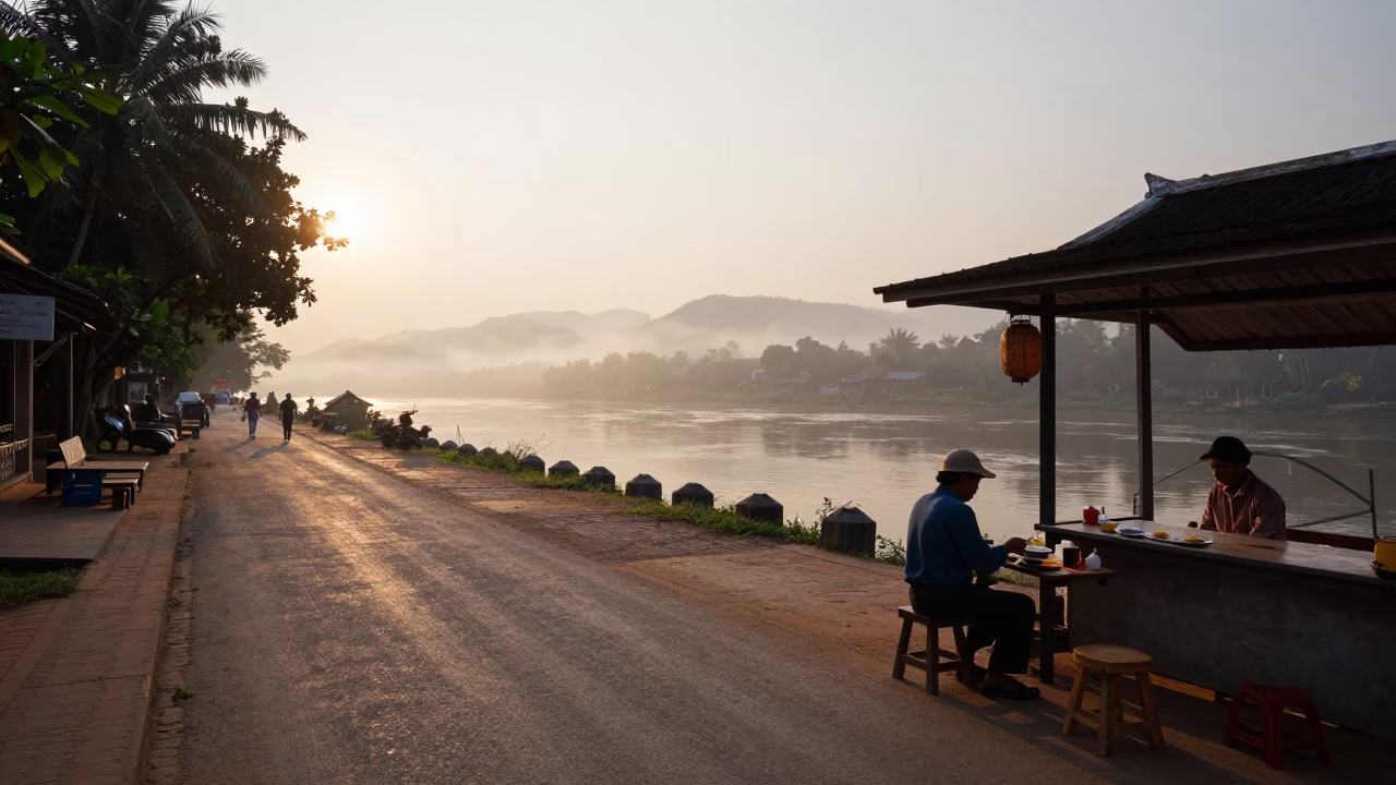 Street Scene in Luang Prabang at The Early Morning Light in in Luang Prabang, Laos