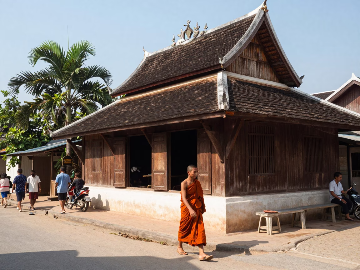 Street Scene in Luang Prabang at The Flat Glare Of Noon Light in in Luang Prabang, Laos